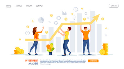 Diagrams, coins and working people. Profit, income, making money, financial success, business, investment analysis concept. Vector illustration for banner, poster, website.