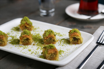 Burma Kadayif with Pistachio on a white plate