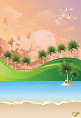 Picturesque tropical paradise landscape with ocean and grass hills set against a dawn or dusk pink sky