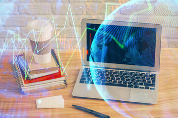 Multi exposure of forex graph and work space with computer. Concept of international online trading.