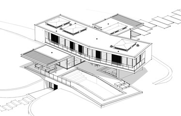 3d rendering of modern cozy house on the hill with garage and pool for sale or rent.  Black line sketch with soft light shadows on white background.