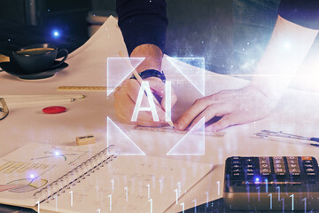 Writing Man hands with data theme multi exposure icons.