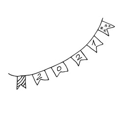 Figures 2021 on holiday flags. Symbol of the new 2021. Black lines on a white background. Hand drawing. Vector.