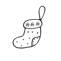 Gift sock. Vector. Christmas element. Hand drawing. Black lines on a white background. Holiday symbol.