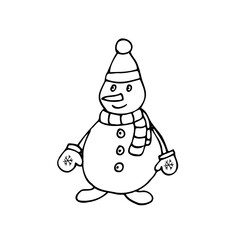 Snowman, hat and scarf on it. Vector. Christmas element. Hand drawing. Black lines on a white background. Holiday symbol.
