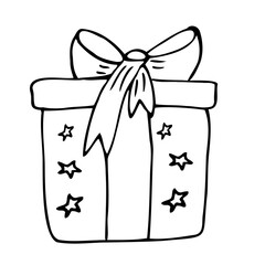 Gift box with ribbon and bow, stars on the box. Hand drawing, doodle. Vector.