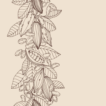 vertical seamless pattern from elements of cocoa tree, seeds, leaves, fruits, for ornament, menu decoration, vector illustration with sepia contour lines on a creamy background in a hand drawn style