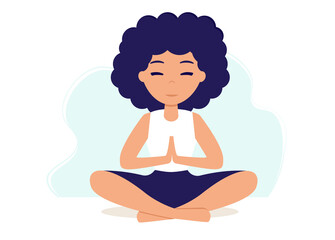Girl in yoga lotus practices meditation. Vector illustration in flat style. Young woman meditating