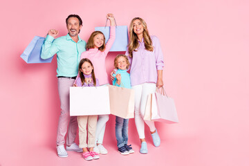Full body photo of positive people shopping mall clients happy family buy purchase mom dad mommy...