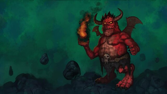 Digital animated painting of colorful demon character standing in an abstract underworld background holding a floating fire ball - digital fantasy illustration