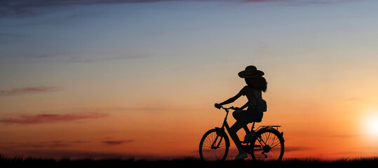 Fototapeta na wymiar Silhouette of a girl riding a bike cycle at a beautiful summer sunset.