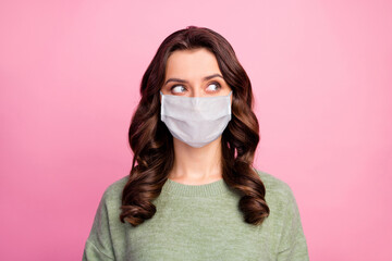 Portrait of minded girl look copyspace think thoughts decide decision about coronavirus quarantine wear pullover jumper medical mask sweater isolated pastel color background - Powered by Adobe