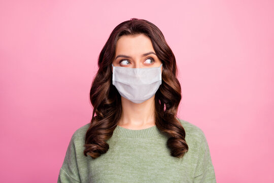 Portrait of minded girl look copyspace think thoughts decide decision about coronavirus quarantine wear pullover jumper medical mask sweater isolated pastel color background