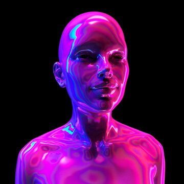 Holographic human bust, robotic head made of glossy iridescent material. 3D render illustration, concept of Artificial intelligence and Futuristic technologies.