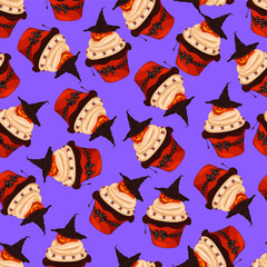 Cartoon Halloween decorated cupcake with cream, spiders and pumpkin in witch hat seamless pattern template. Colorful vector illustration for games, background, pattern, wallpaper, decor. 