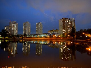 Naklejka premium city skyline at night on a lake