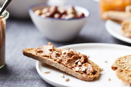 Delicious pates over slice of wholegrain bread.