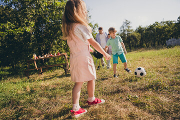 Full length photo of big family four people two small kids play soccer kick ball have fun father make fry meat beef prepare table relax home green grass lawn park backyard outside outdoors