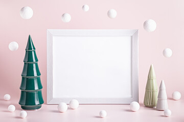 Christmas mockup frame with ceramic Christmas trees and white baubles on pink background....