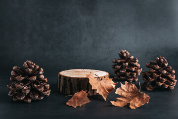 Wooden podium or stand for product showcase with cones and dry leaves on grey stone background,...