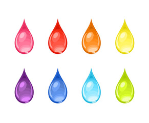 Set of drops of different colors isolated on white background. Vector illustration in cartoon flat style.