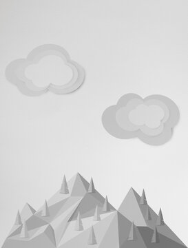 Monochromatic polygon mountain with pine trees on white