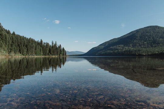 Clear spring day at mountain lake.