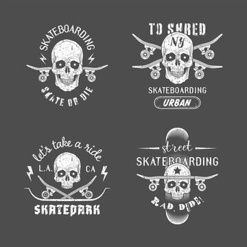 Set of skateboarding emblems with skull and skateboard. Print graphic and web design. Monochrome vector illustration.