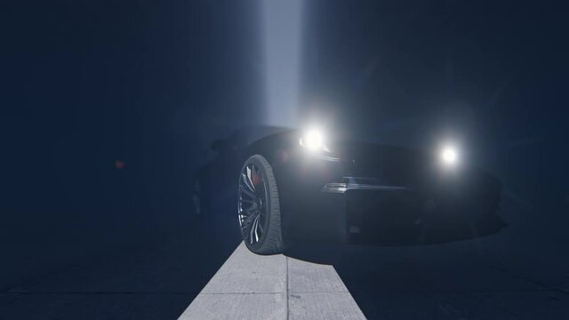 Close up of sport car turning headlights and driving, 4K