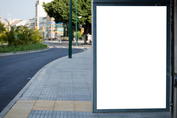 Mockup blank advertising signs and template or light posters with space to copy text or media message and content, blank shadow posters with screen on city wall background