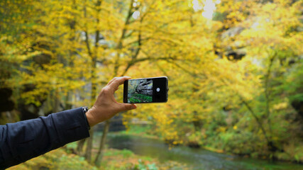 Phone in man's hands making photo of autumn landscape with yellow trees