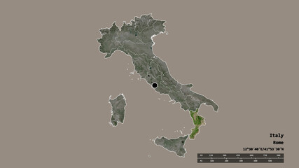 Location of Calabria, region of Italy,. Satellite