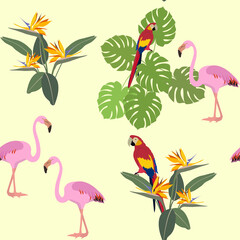 Seamless vector illustration with flamingos, parrot and tropical plants and flowers.