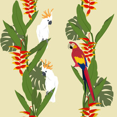 Seamless vector illustration with tropical colors of heliconia and parrots