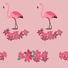 Seamless vector illustration with flamingos and flowers clematis.