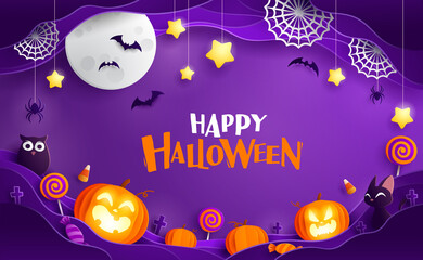 Paper Graphic of Happy Halloween fun party celebration background design. Halloween elements.