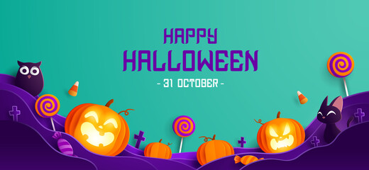 Paper Graphic of Happy Halloween fun party celebration background design. Halloween elements.