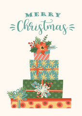 Christmas and Happy New Year illustration of christmas gifts. Vector design template.