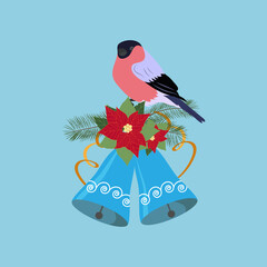 Vector Christmas illustration with bells, branches of spruce, flowers of poinsettia and bullfinch