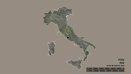 Location of Umbria, region of Italy,. Satellite