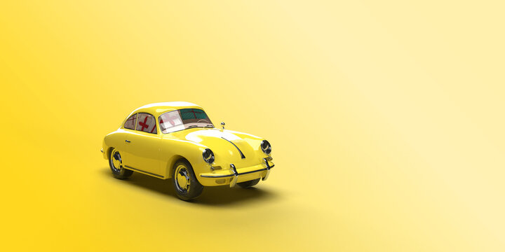 3d render Yellow retro toy car on yellow background. Summer travel concept. Taxi. Krasnodar, 18, July 2020