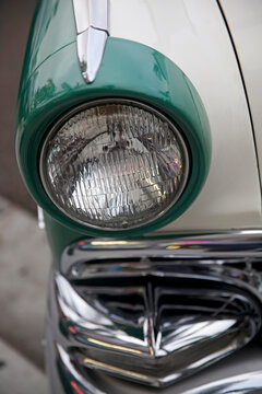 close up of head lights on vintage retro classic car
