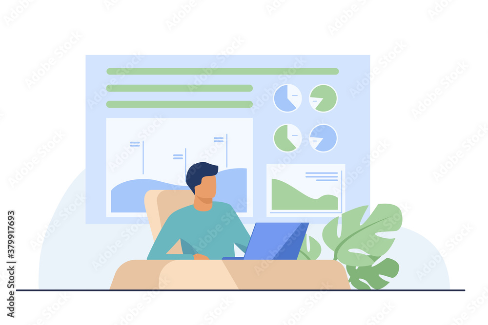 Poster trader sitting and working at laptop. bar charts, pie diagrams in background flat vector illustratio