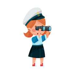 Funny Girl Wearing Mariner Costume and Forage Cap Looking in Binocular Vector Illustration