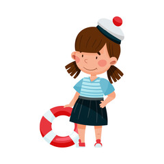 Cheerful Little Girl in Mariner Striped Vest and Peakless Hat Holding Life Ring Vector Illustration