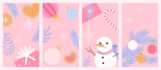 Christmas or new year social media story set with baubles, presents, christmas tree decorations, gingerbread cookies and snowman. Winter theme vertical cute pink backgrounds. Vector illustration.