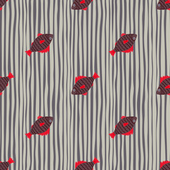Dark brown fish with red details seamless pattern. Stripped monochrome background with black and white lines.