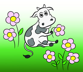 Obraz na płótnie Canvas Cute cow in the meadow cartoon vector printing logo design