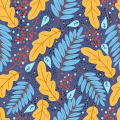 Seamless pattern of colorful autumn leaves. Abstract vector illustration with foliage, berries and dots. Print for textile, wallpaper.
