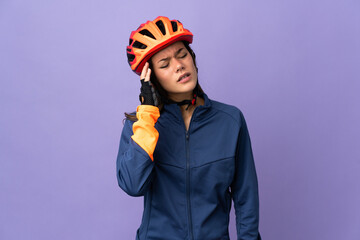 Teenager cyclist girl with headache